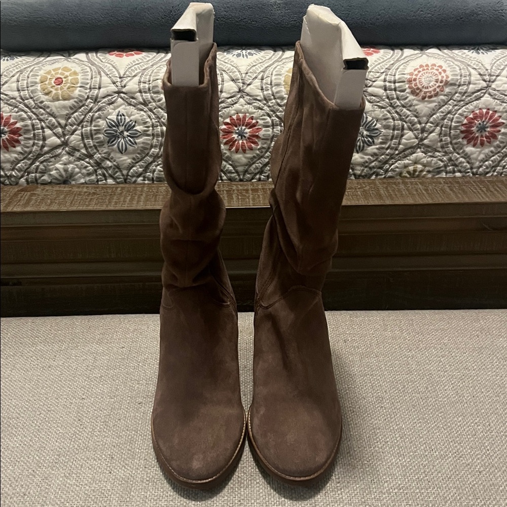 NWOT Joie taupe suede leather slouchy boots, size 8.